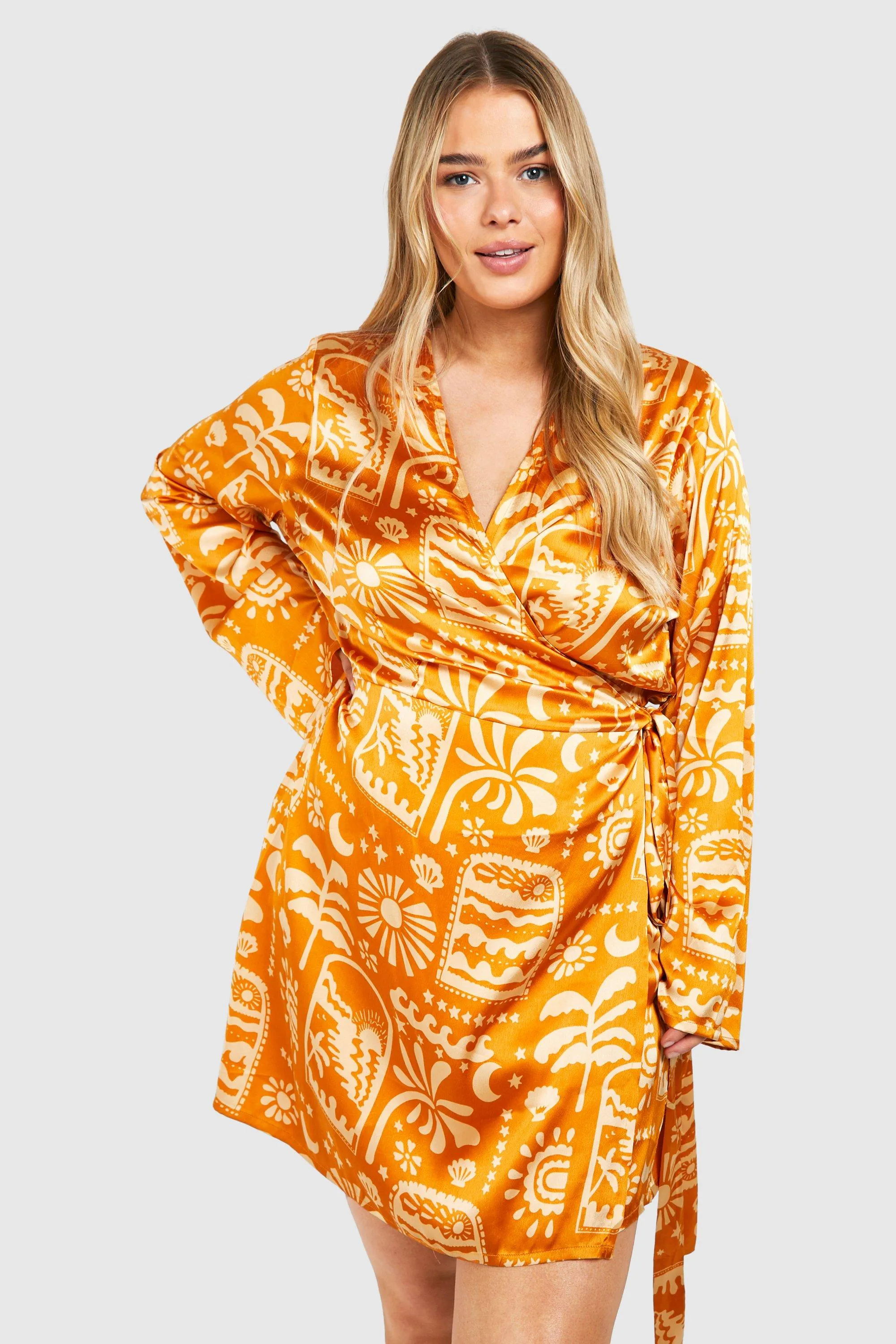 Plus Printed Wrap Tie Shirt Dress