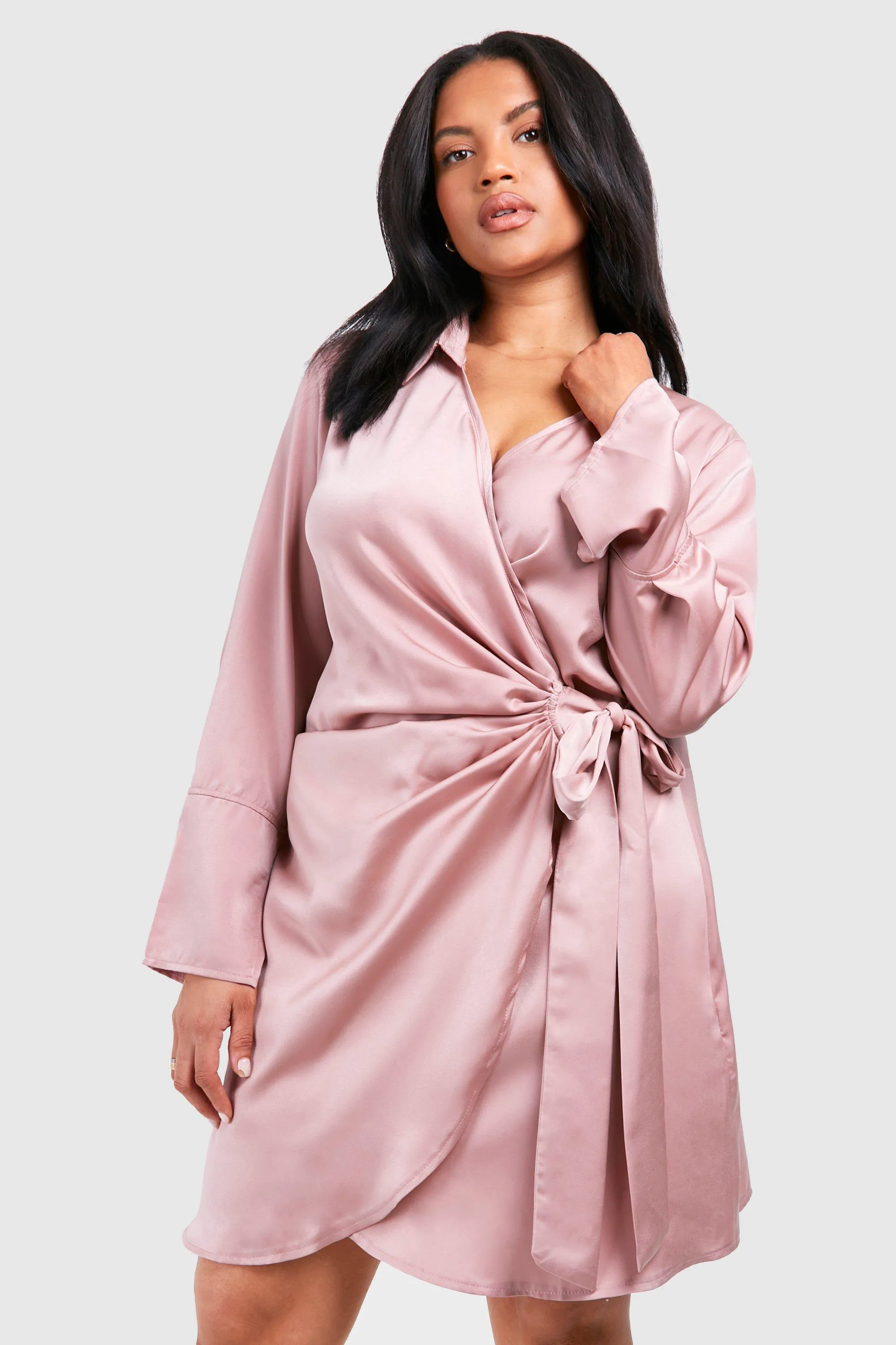 Plus Satin Wrap Shirt Dress