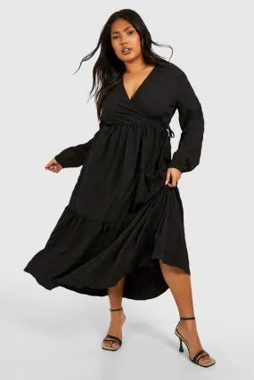 Plus Textured Wrap Midi Smock Dress