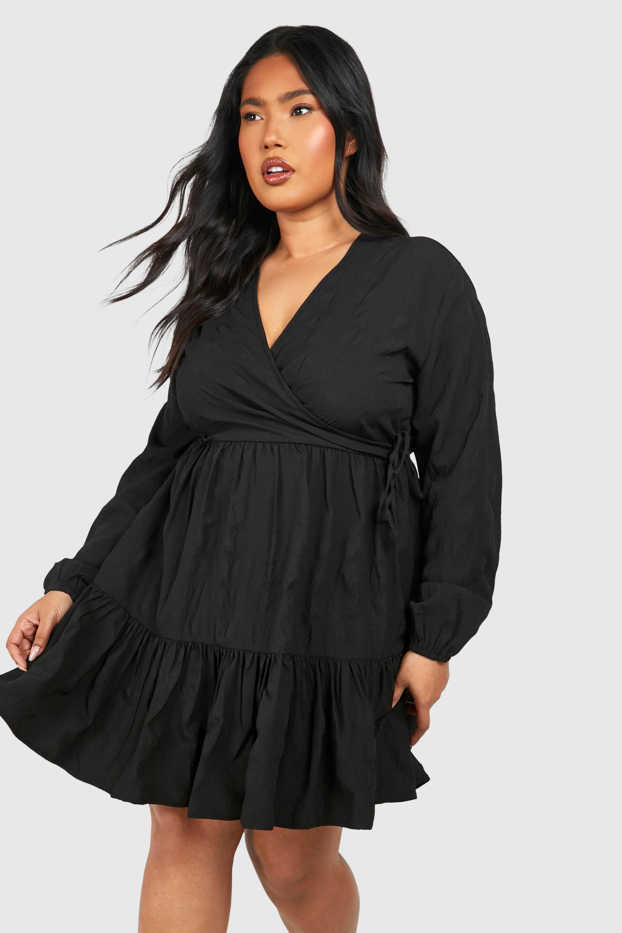 Plus Textured Wrap Mini Smock Dress