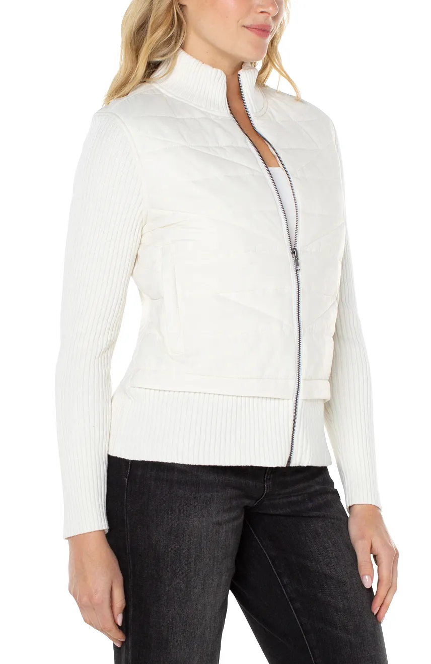 Quilted Front Full Zip Sweater in Porcelain