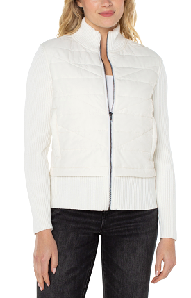 Quilted Front Full Zip Sweater in Porcelain