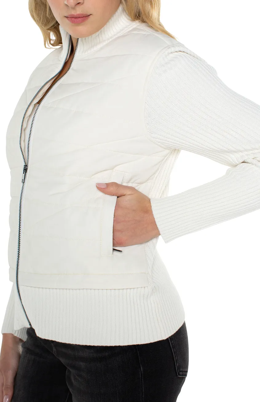 Quilted Front Full Zip Sweater in Porcelain