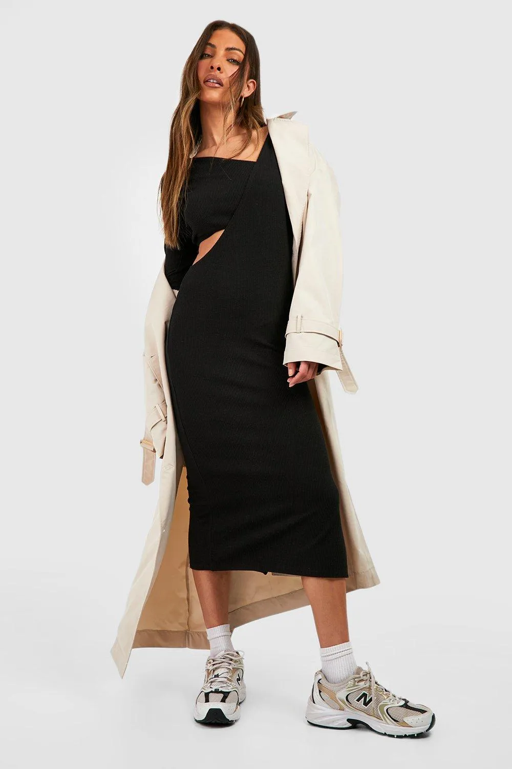 Ripple Rib Wrap Cut Out Midi Dress