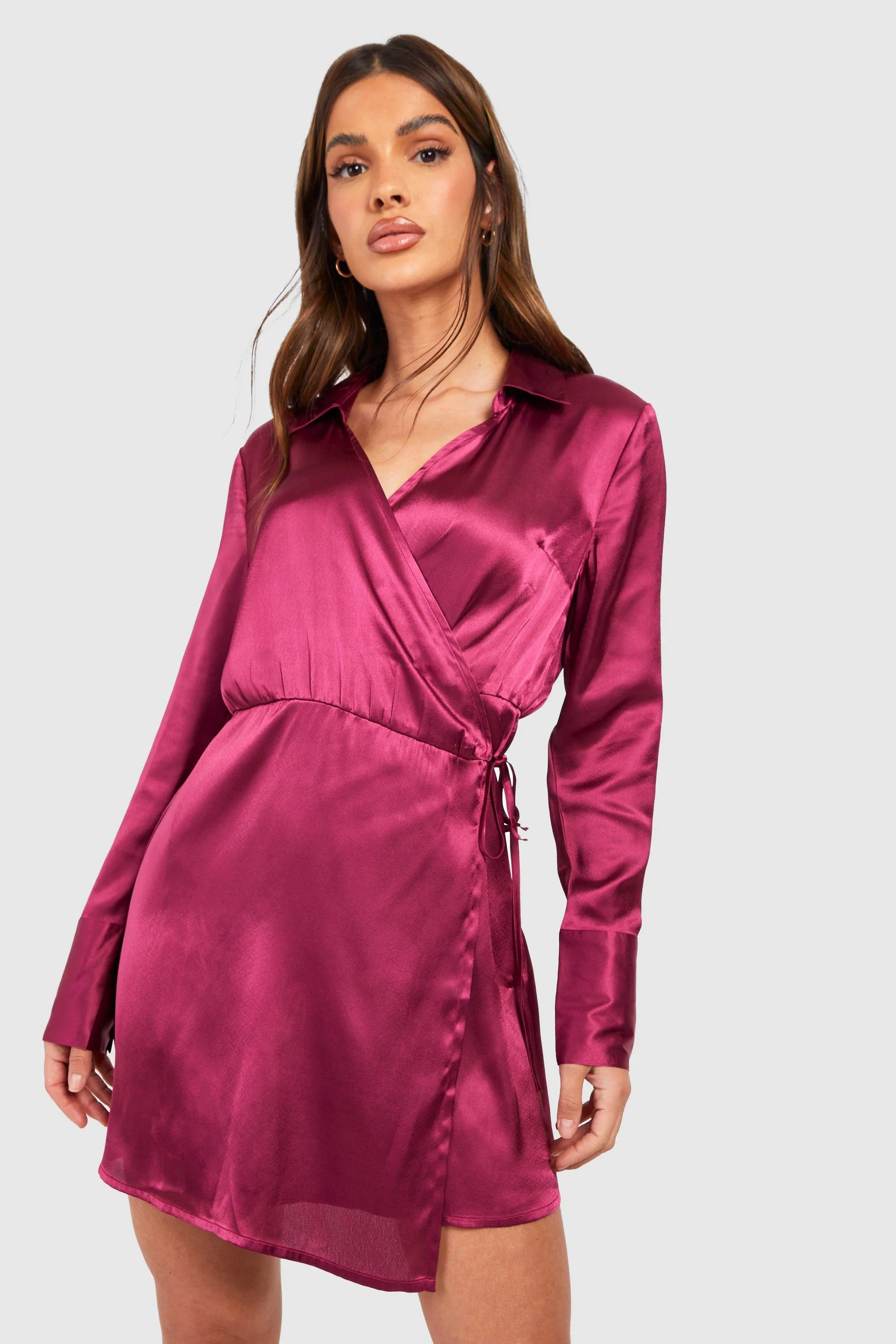 Satin Wrap Belted Shirt Dress