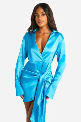 Satin Wrap Skirt Shirt Dress