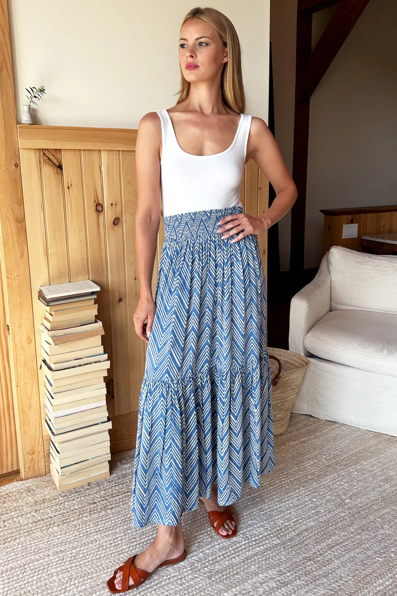 Shirred Skirt - Indigo Herringbone