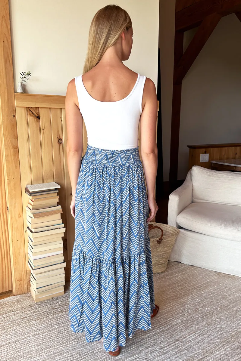 Shirred Skirt - Indigo Herringbone