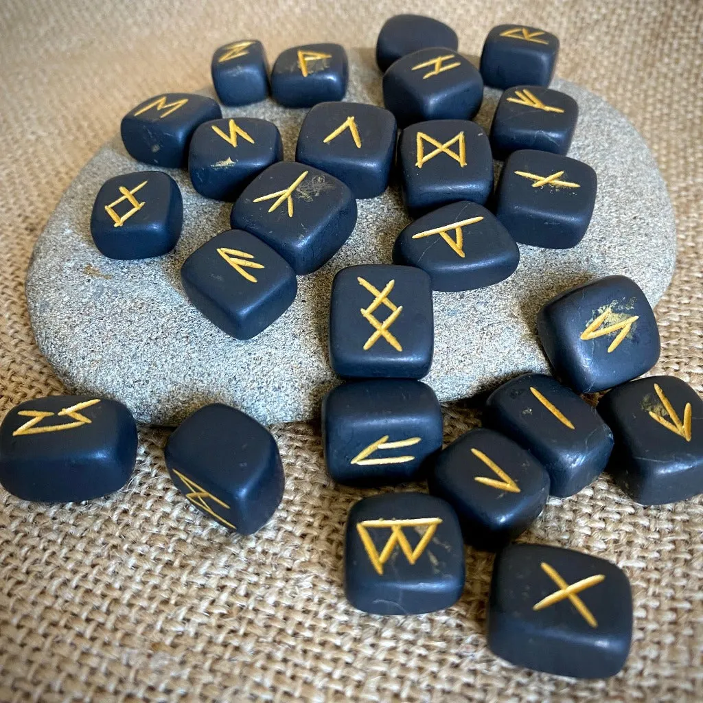 Shungite Rune Set in Natural Linen Drawstring Bag