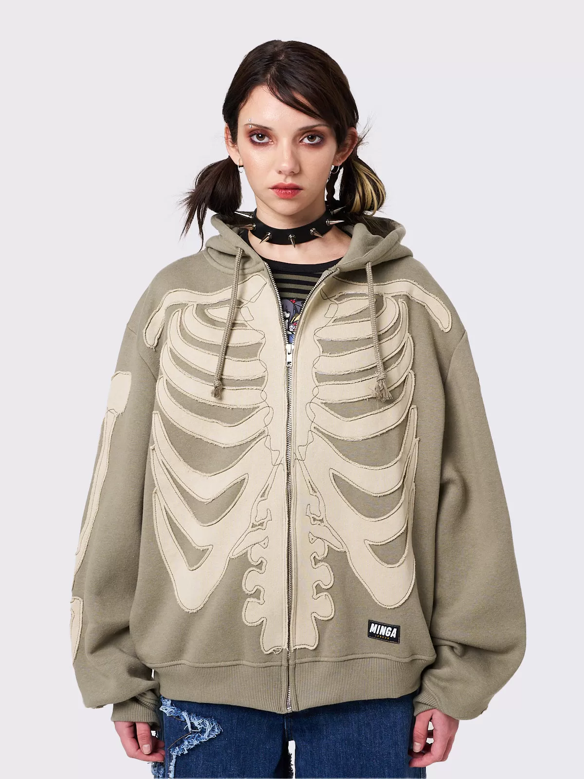 Skeleton Green Patch Oversized Zip Up Hoodie