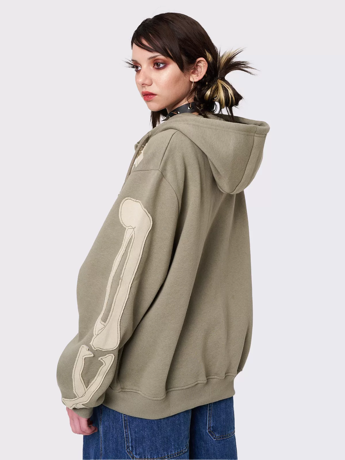 Skeleton Green Patch Oversized Zip Up Hoodie