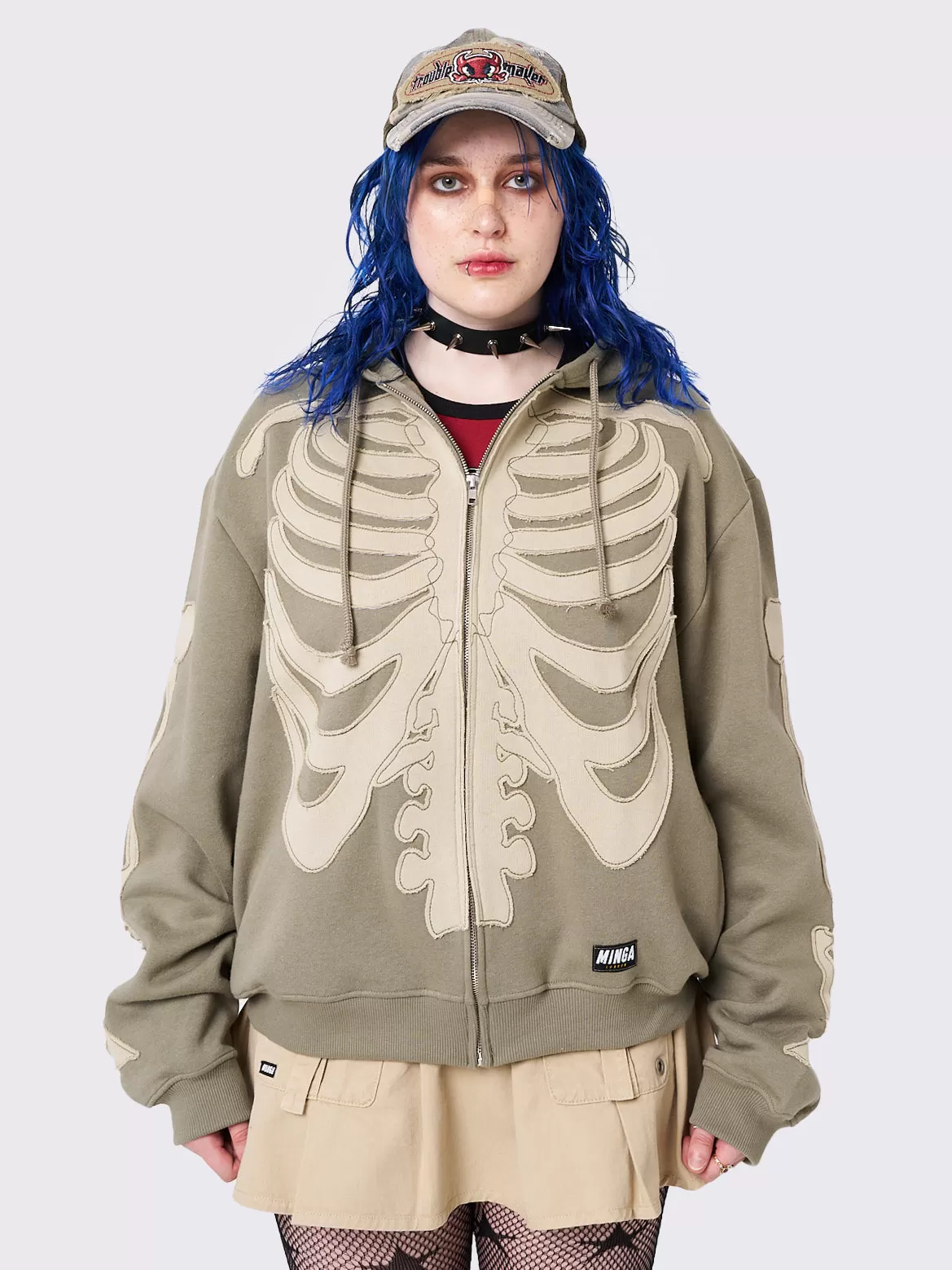 Skeleton Green Patch Oversized Zip Up Hoodie