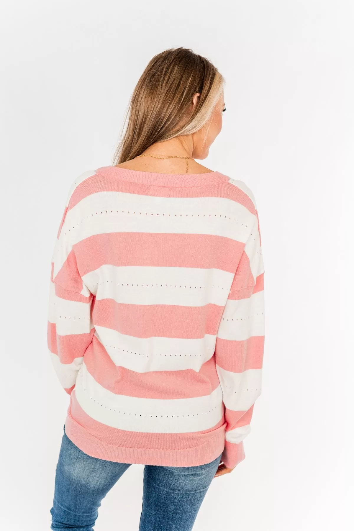 Something Lovely V-Neck Sweater- Flamingo Pink & Off-White