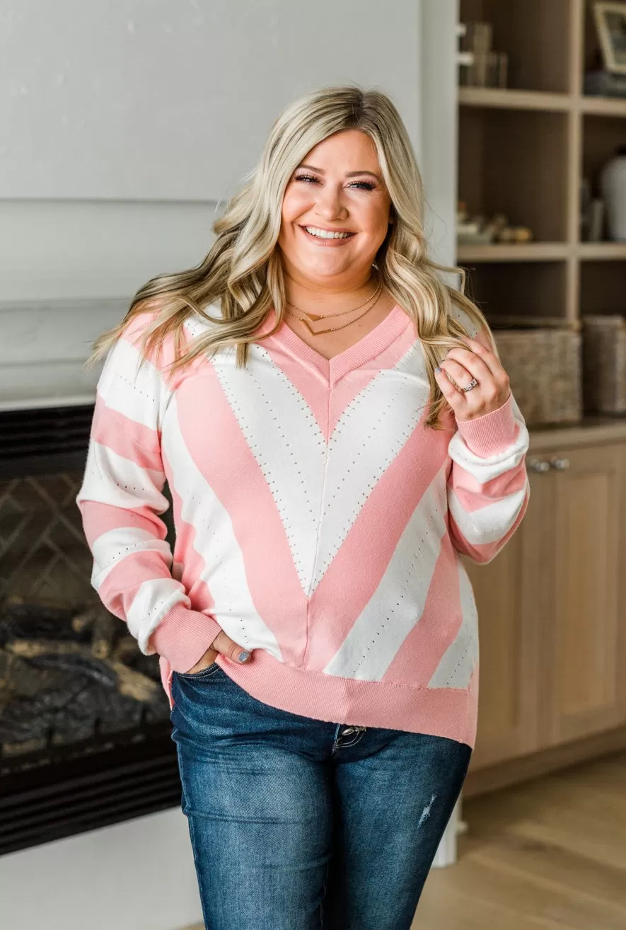 Something Lovely V-Neck Sweater- Flamingo Pink & Off-White