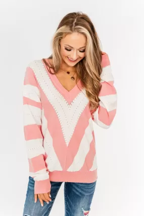 Something Lovely V-Neck Sweater- Flamingo Pink & Off-White