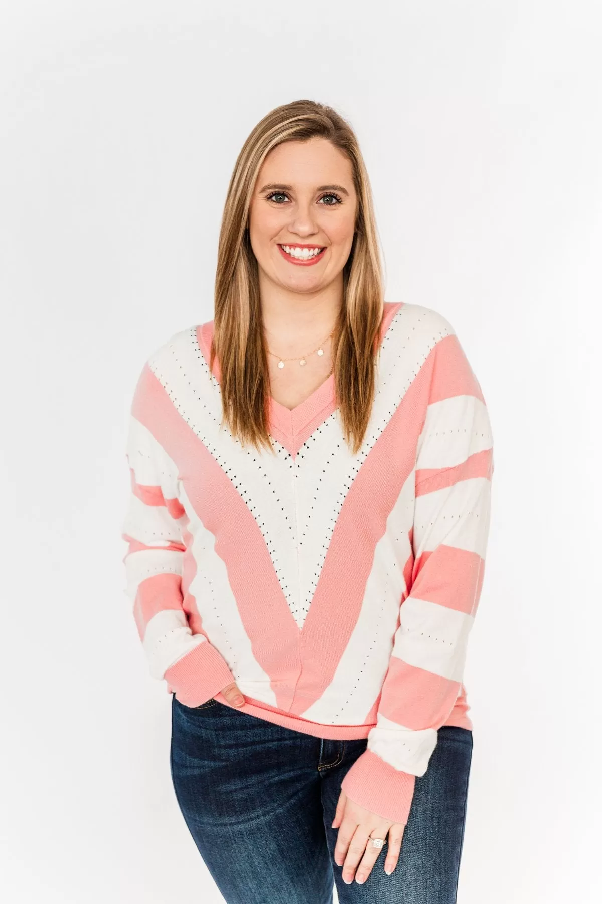 Something Lovely V-Neck Sweater- Flamingo Pink & Off-White