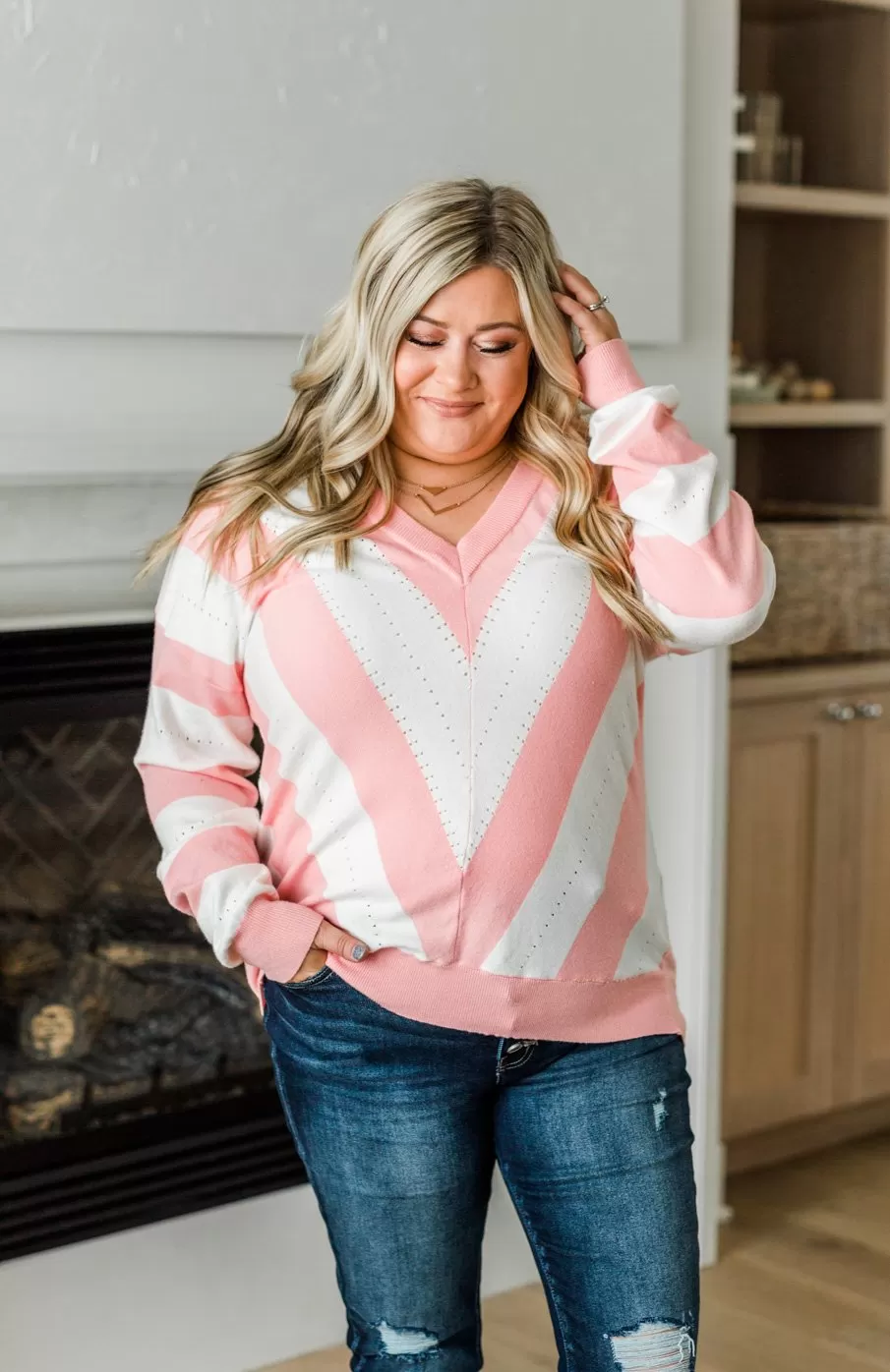 Something Lovely V-Neck Sweater- Flamingo Pink & Off-White