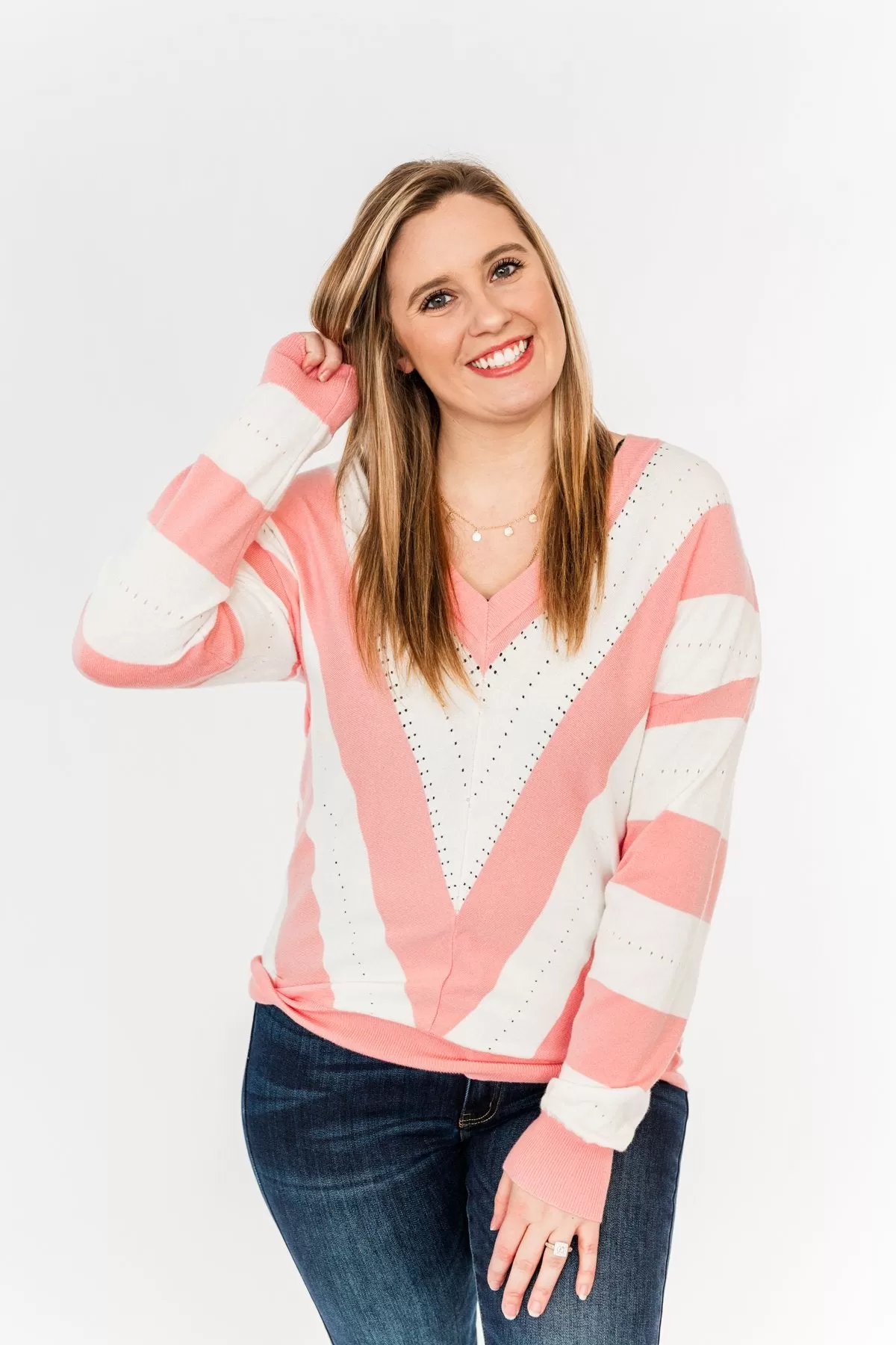 Something Lovely V-Neck Sweater- Flamingo Pink & Off-White