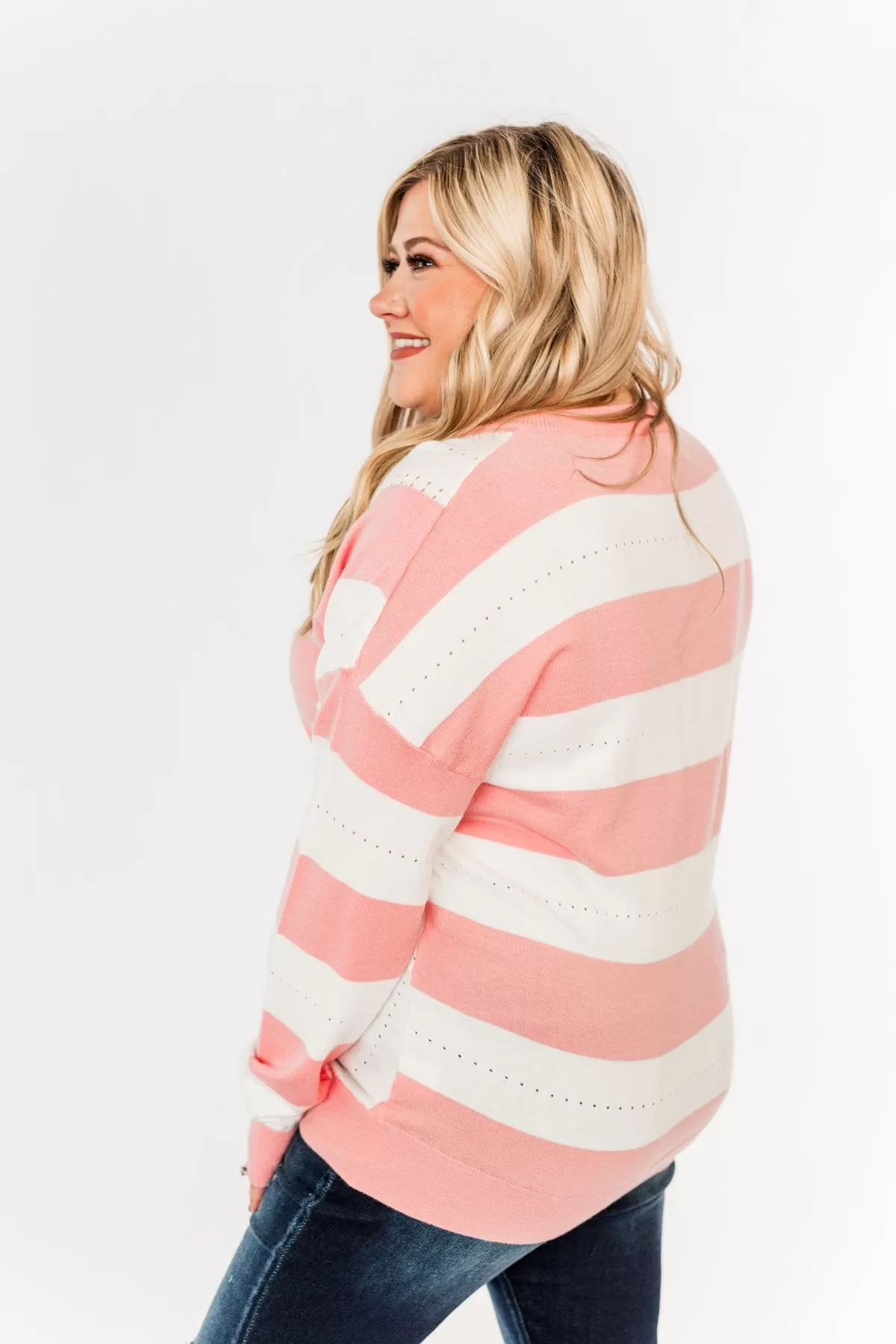 Something Lovely V-Neck Sweater- Flamingo Pink & Off-White