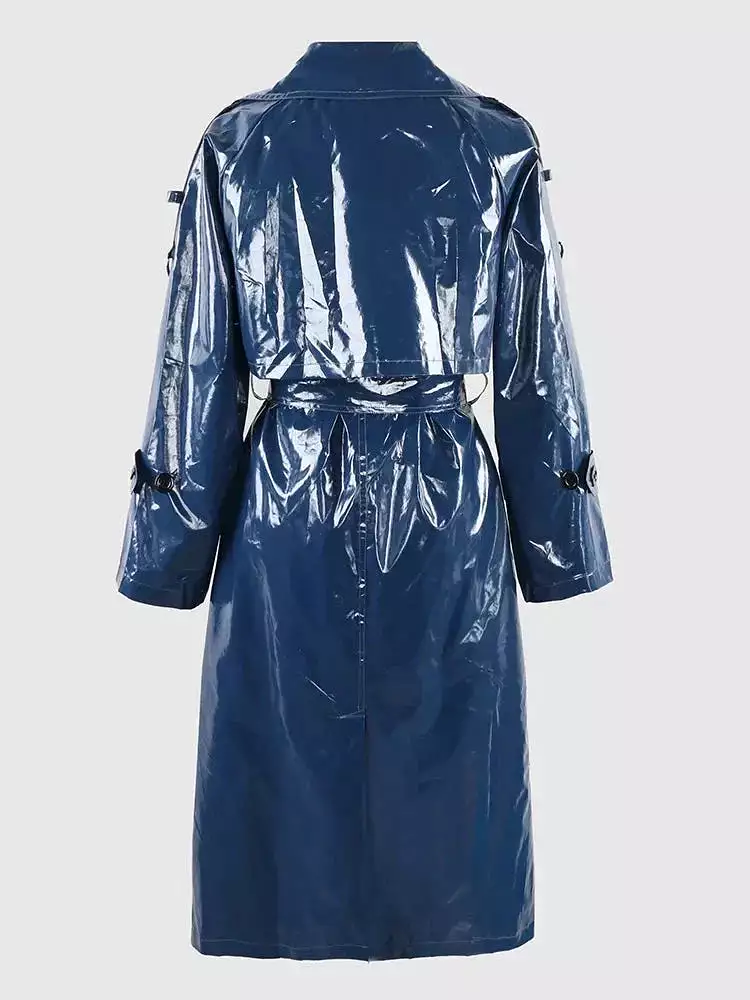 Spring Autumn Long Blue Soft Thin Shiny Reflective Patent Faux Leather Trench Coat for Women Sashes European Fashion