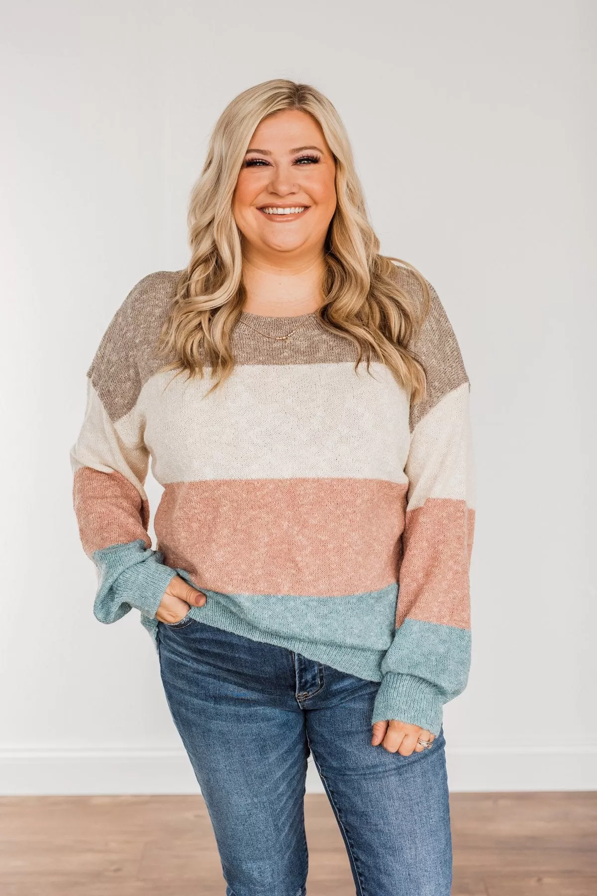 Start Again Color Block Sweater- Mocha, Mauve, & Denim Blue