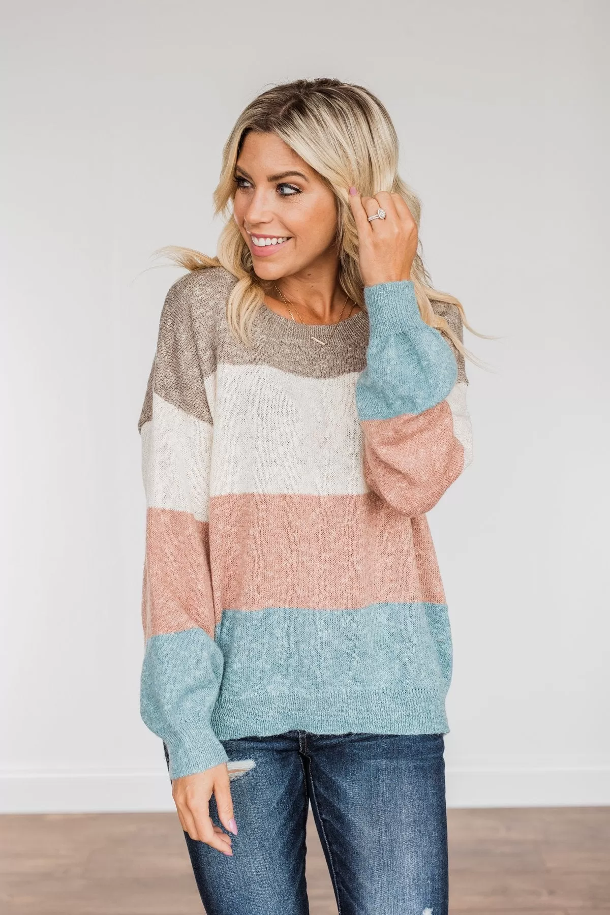 Start Again Color Block Sweater- Mocha, Mauve, & Denim Blue