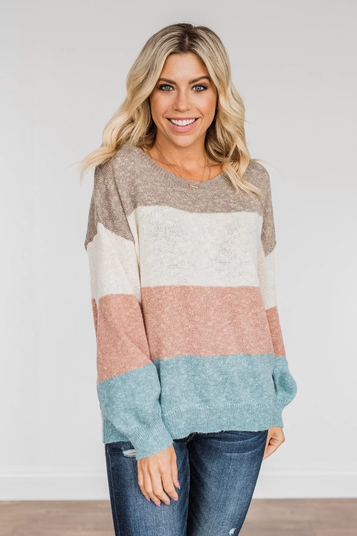 Start Again Color Block Sweater- Mocha, Mauve, & Denim Blue