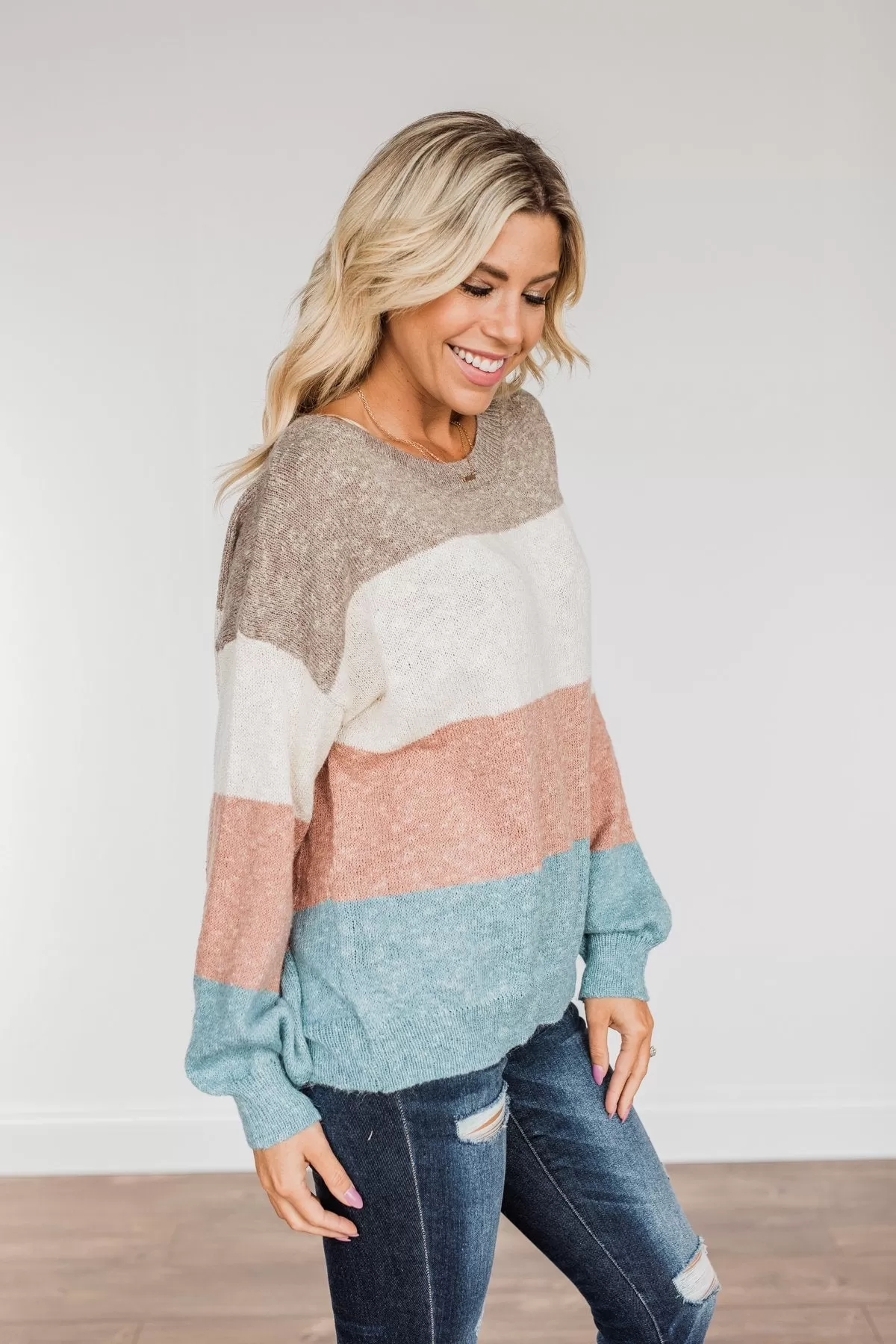 Start Again Color Block Sweater- Mocha, Mauve, & Denim Blue