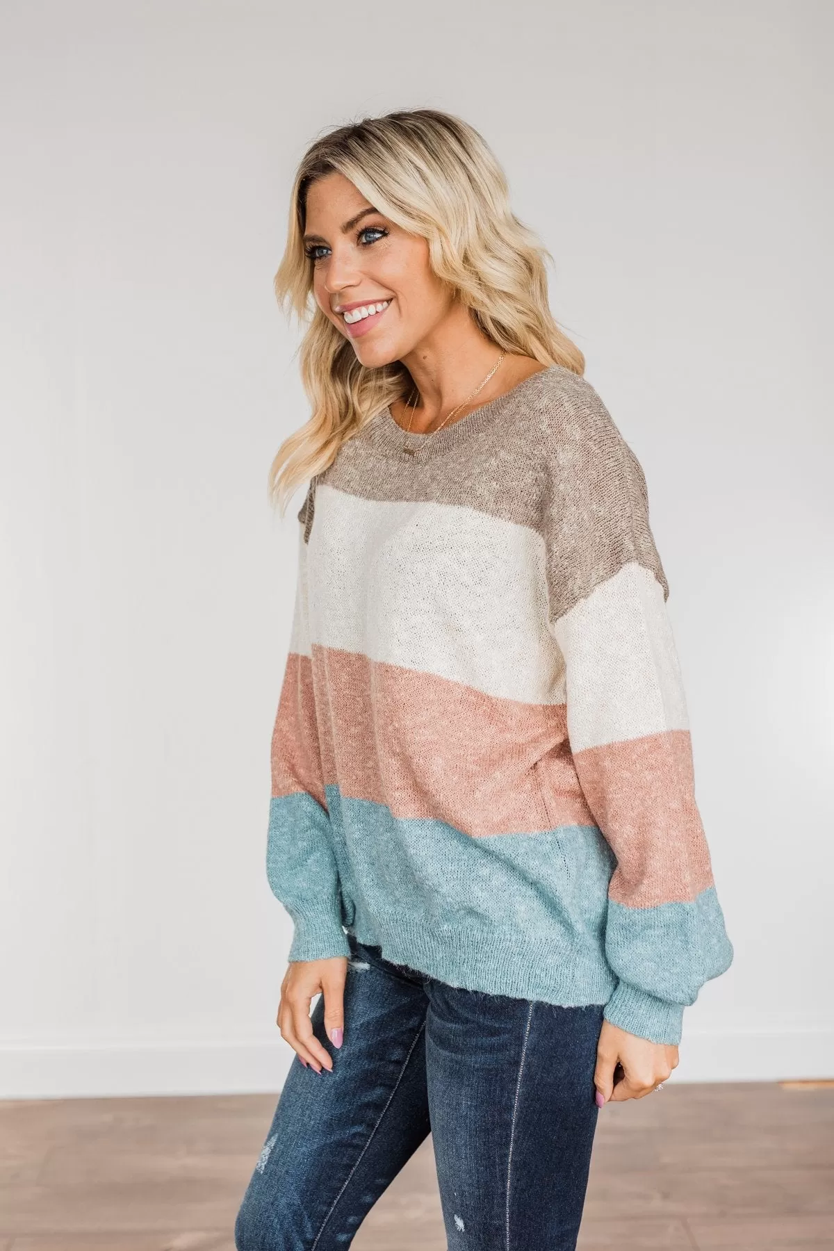 Start Again Color Block Sweater- Mocha, Mauve, & Denim Blue