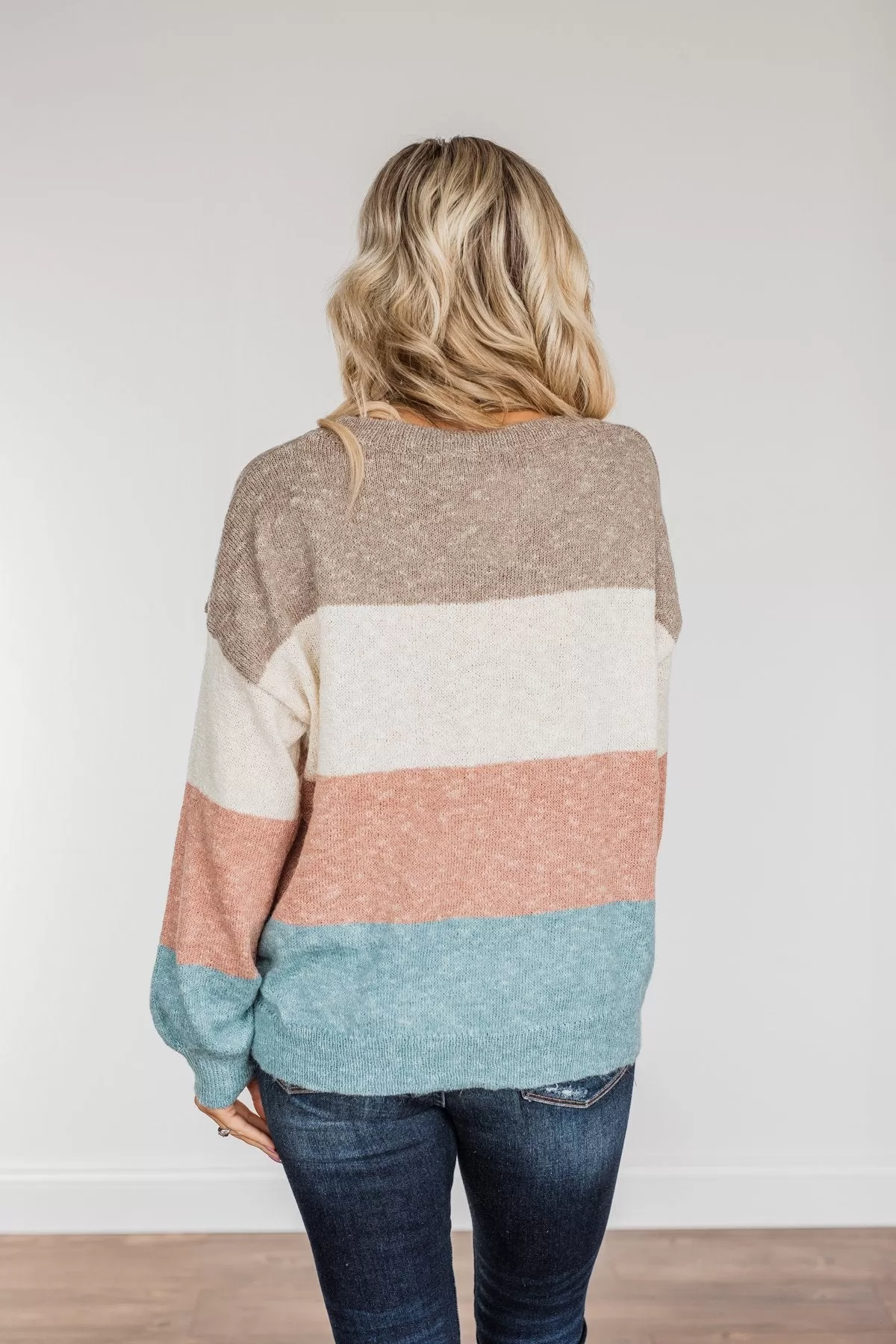 Start Again Color Block Sweater- Mocha, Mauve, & Denim Blue