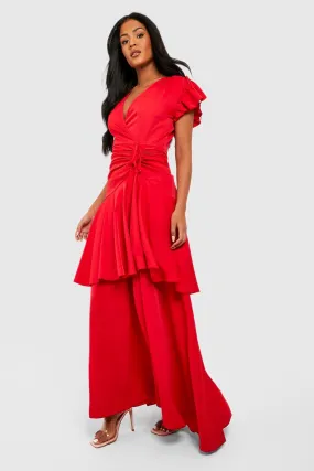 Tall Wrap Ruffle Ruched Angel Sleeve Dress