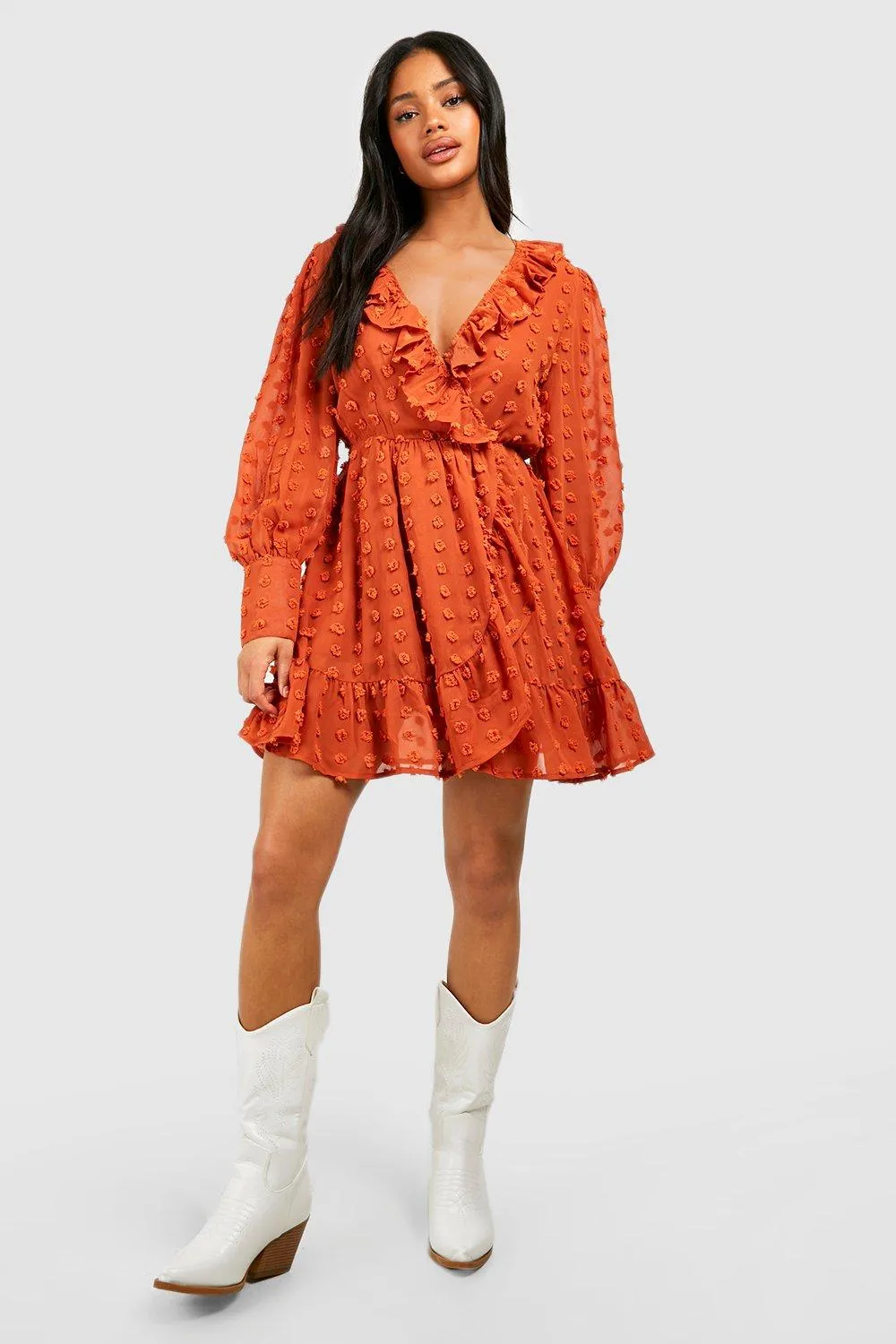 Textured Dobby Ruffle Wrap Dress