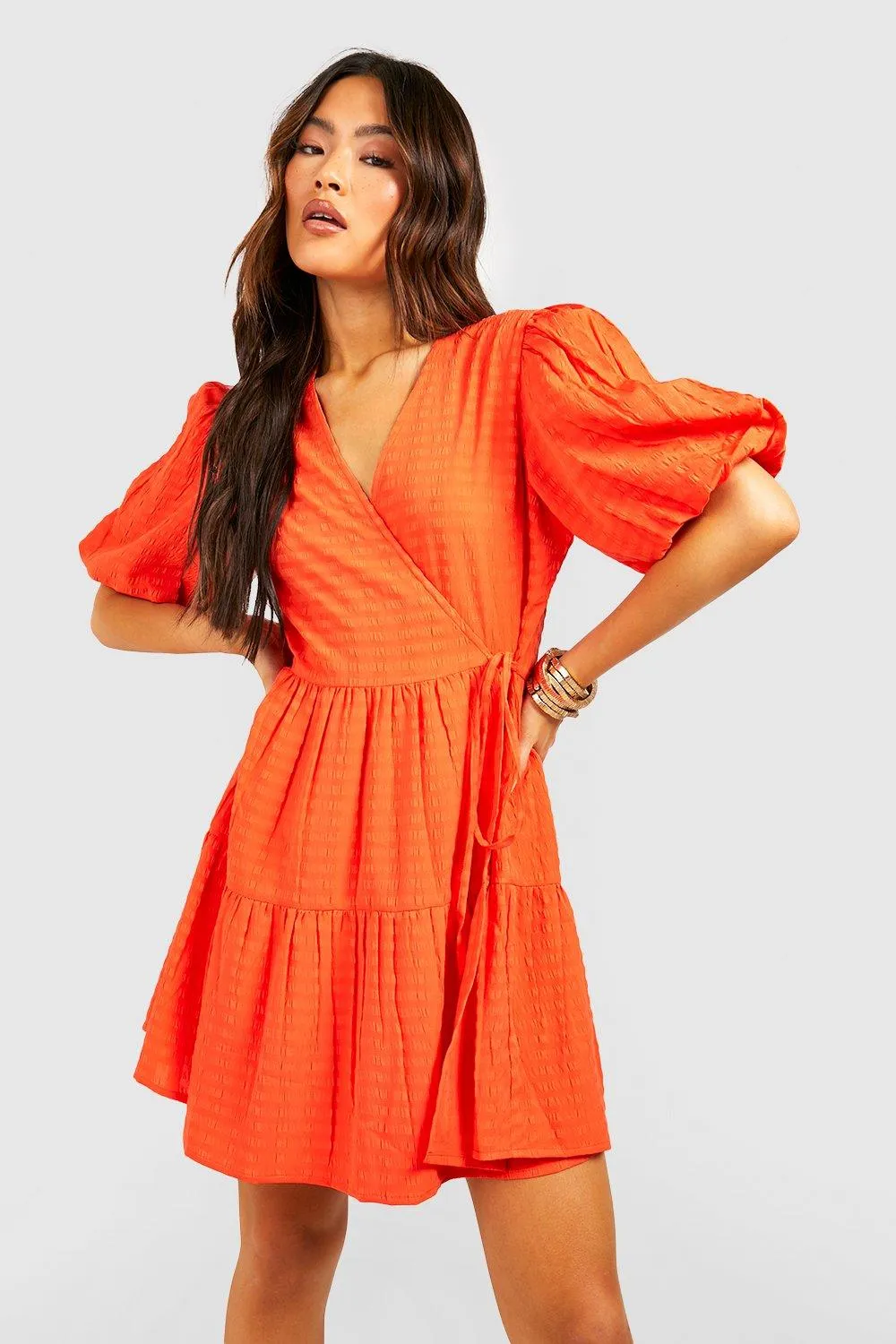 Textured Puff Sleeve Wrap Smock Dress