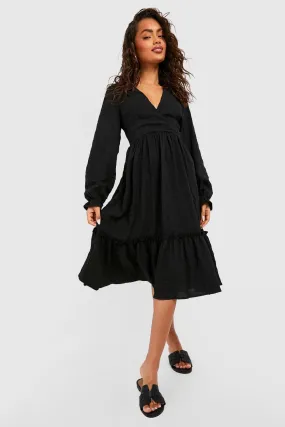 Textured Wrap Smock Midi Dress