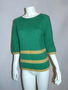 vintage 1940s wool sweater jade green yellow stripes XS - S