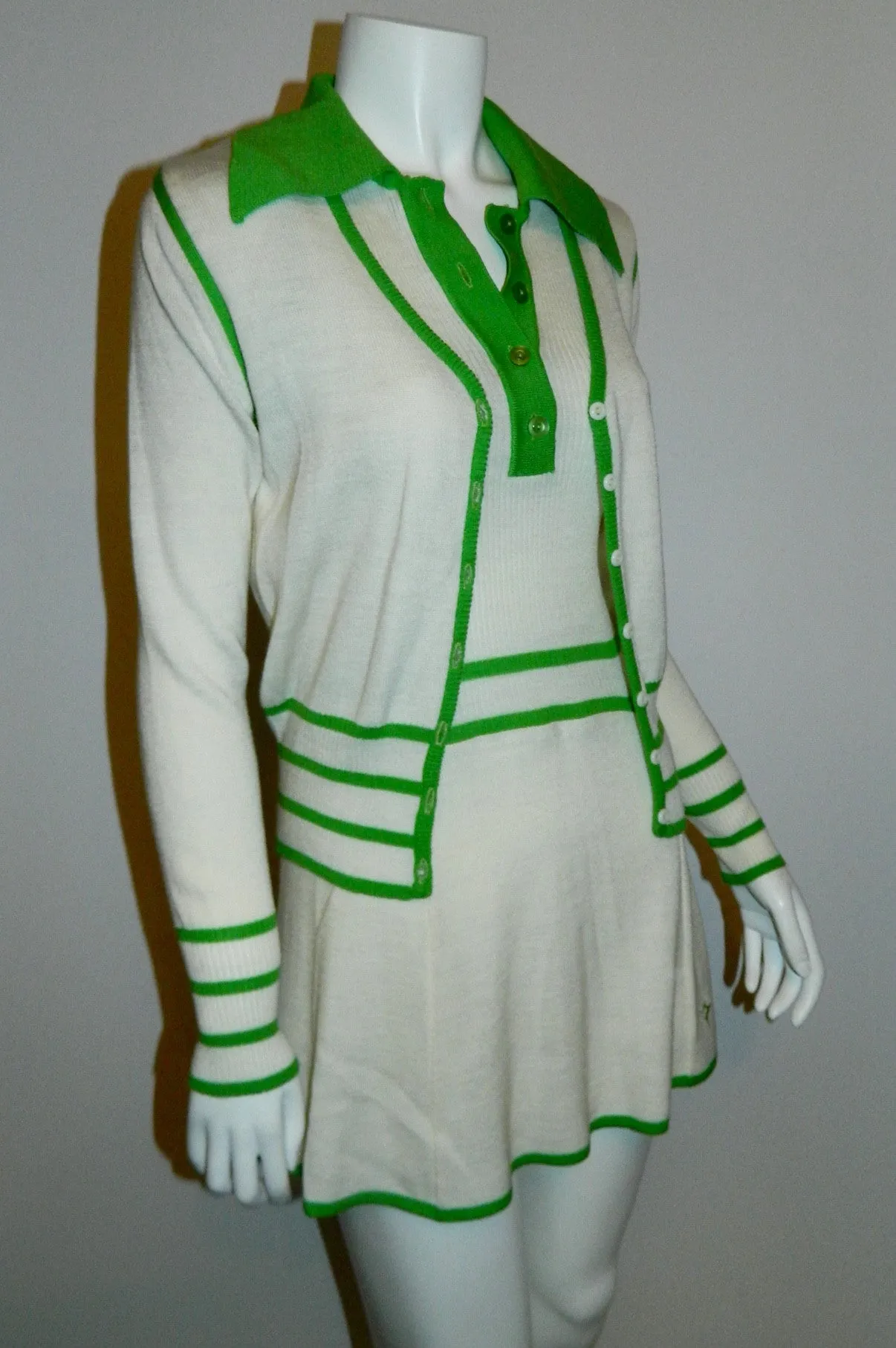 vintage 1970s tennis dress WHITE STAG knit mini dress cardigan sweater white kelly green XS