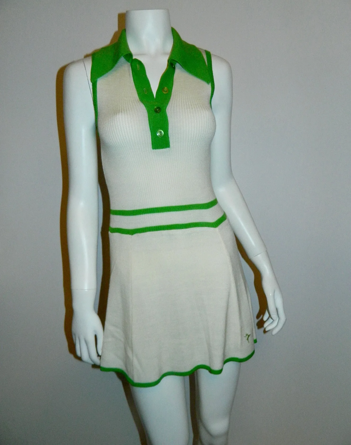 vintage 1970s tennis dress WHITE STAG knit mini dress cardigan sweater white kelly green XS