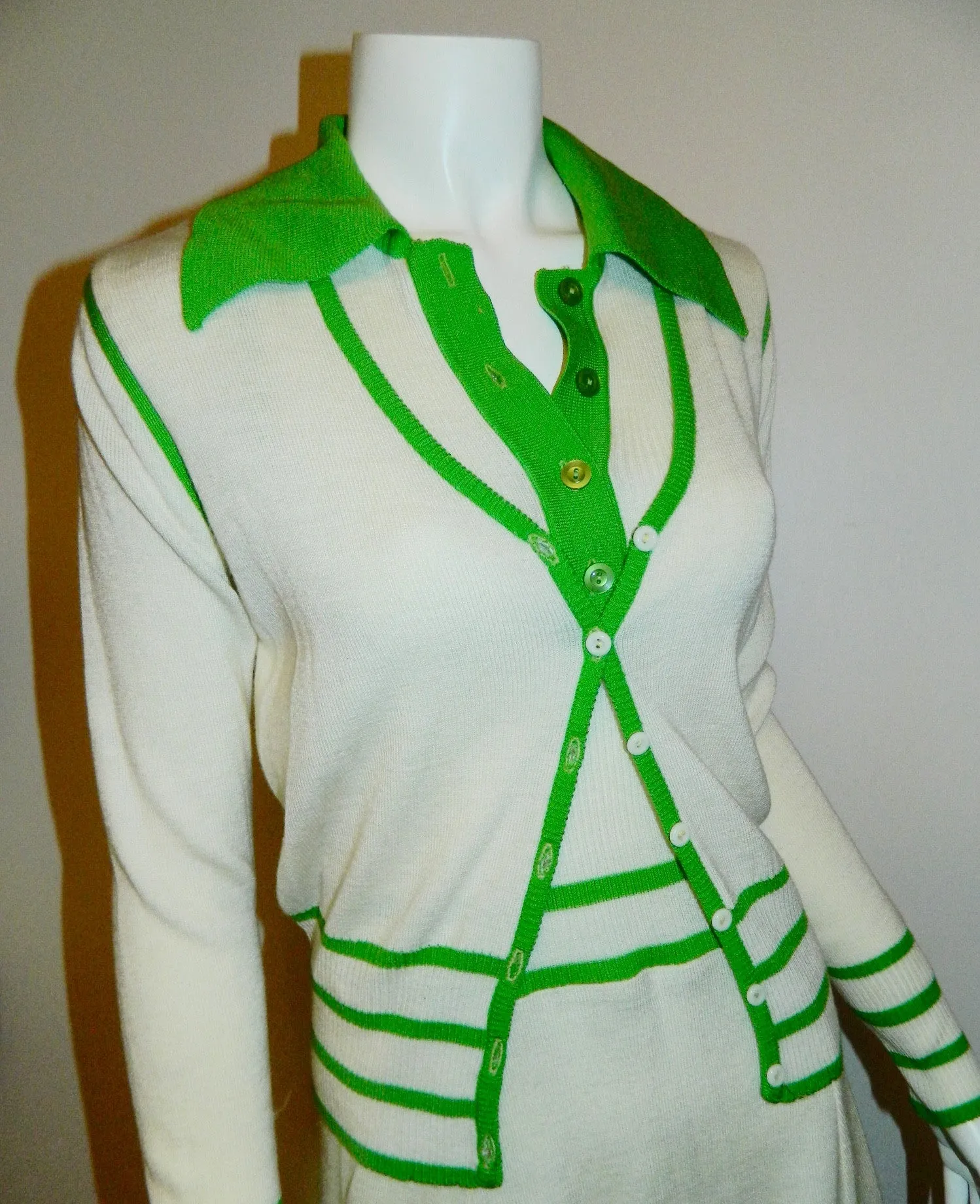 vintage 1970s tennis dress WHITE STAG knit mini dress cardigan sweater white kelly green XS