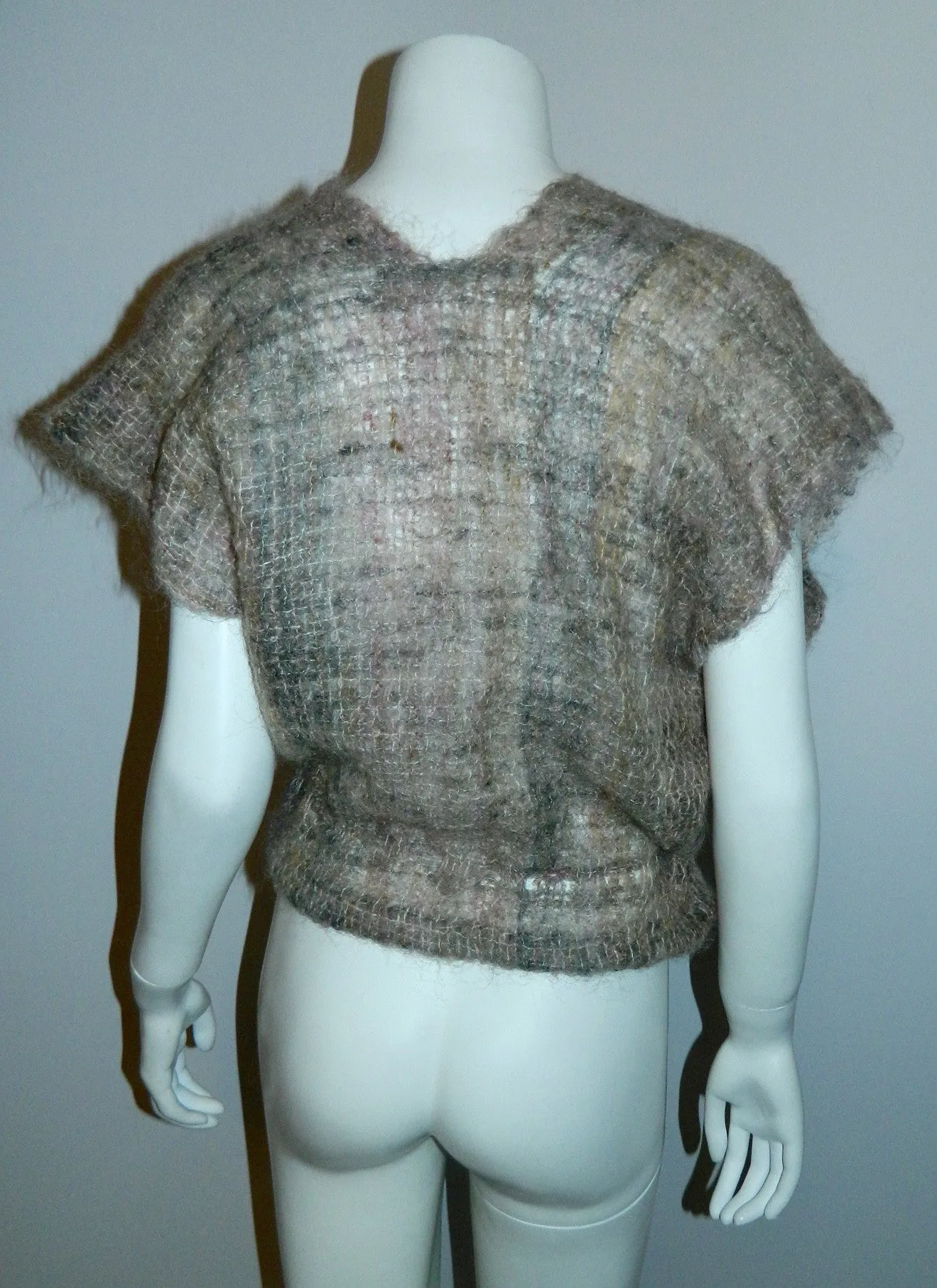 vintage 1970s woven MOHAIR sweater / cap sleeve cardigan vest / backless shawl top