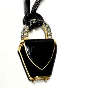 VINTAGE Swarovski Crystal Black Enamel Purse Pendant on Cord Necklace, Black -7900818