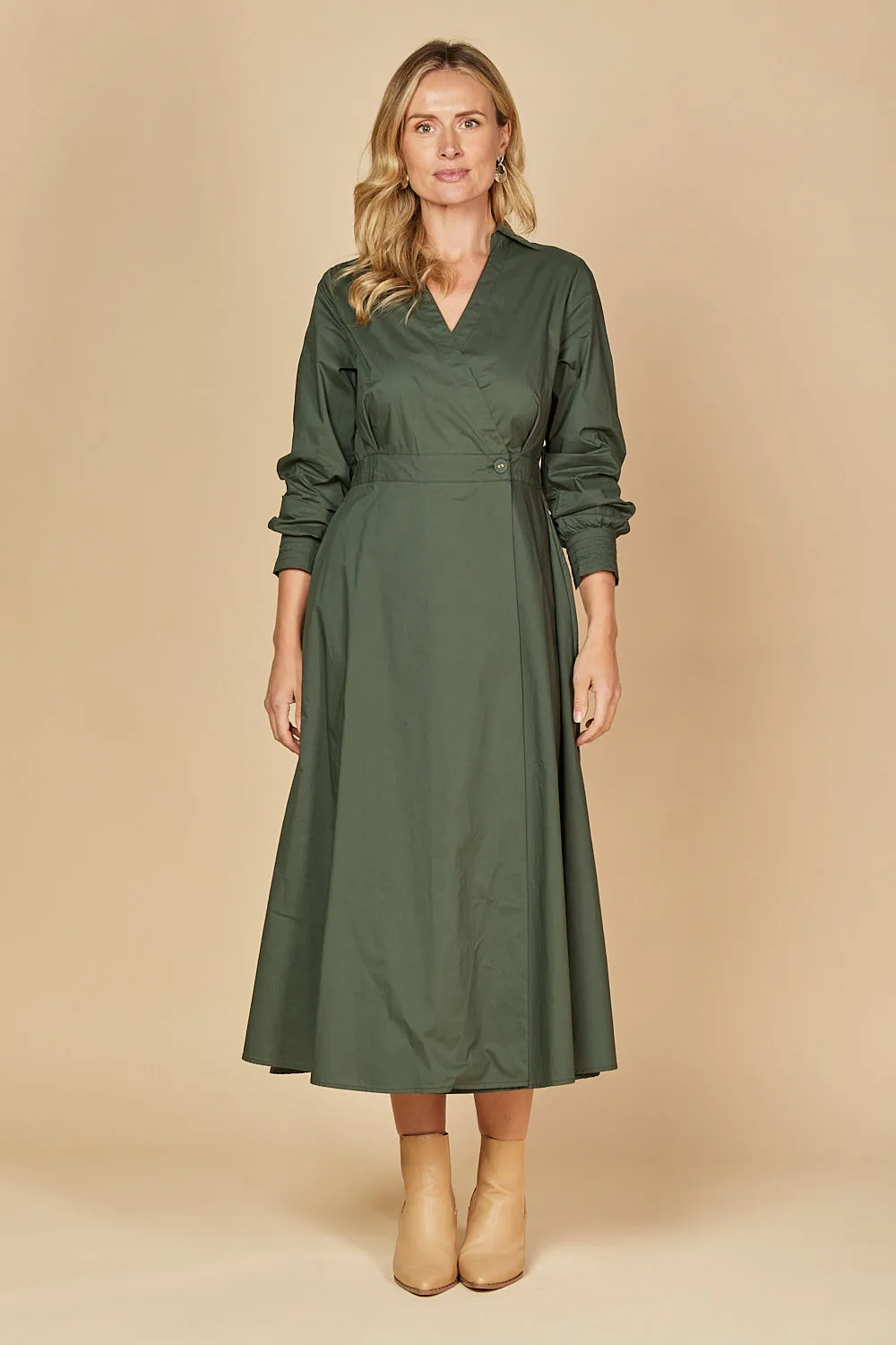 Wendy Poplin Wrap Dress in Bottle Green