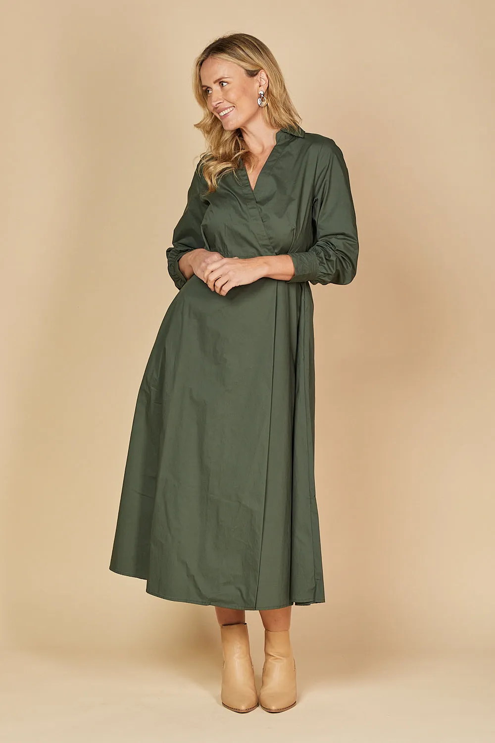 Wendy Poplin Wrap Dress in Bottle Green