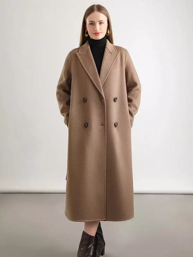 Women 100% Wool Overcoat Belt Double-Breasted Autumn Winter Long Jacket Trench Coat