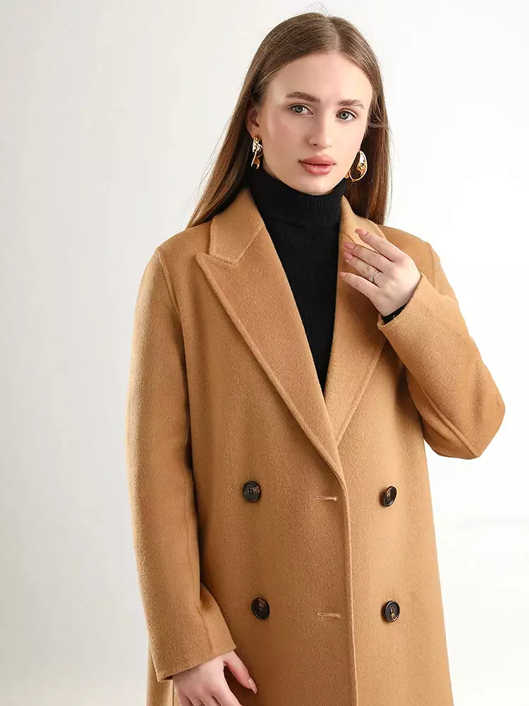 Women 100% Wool Overcoat Belt Double-Breasted Autumn Winter Long Jacket Trench Coat