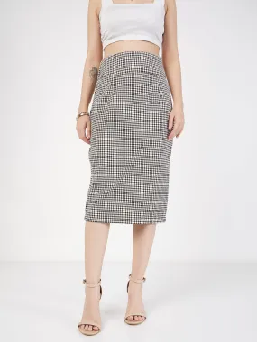 Women Black Houndstooth Jacquard Tweed Pencil Skirt