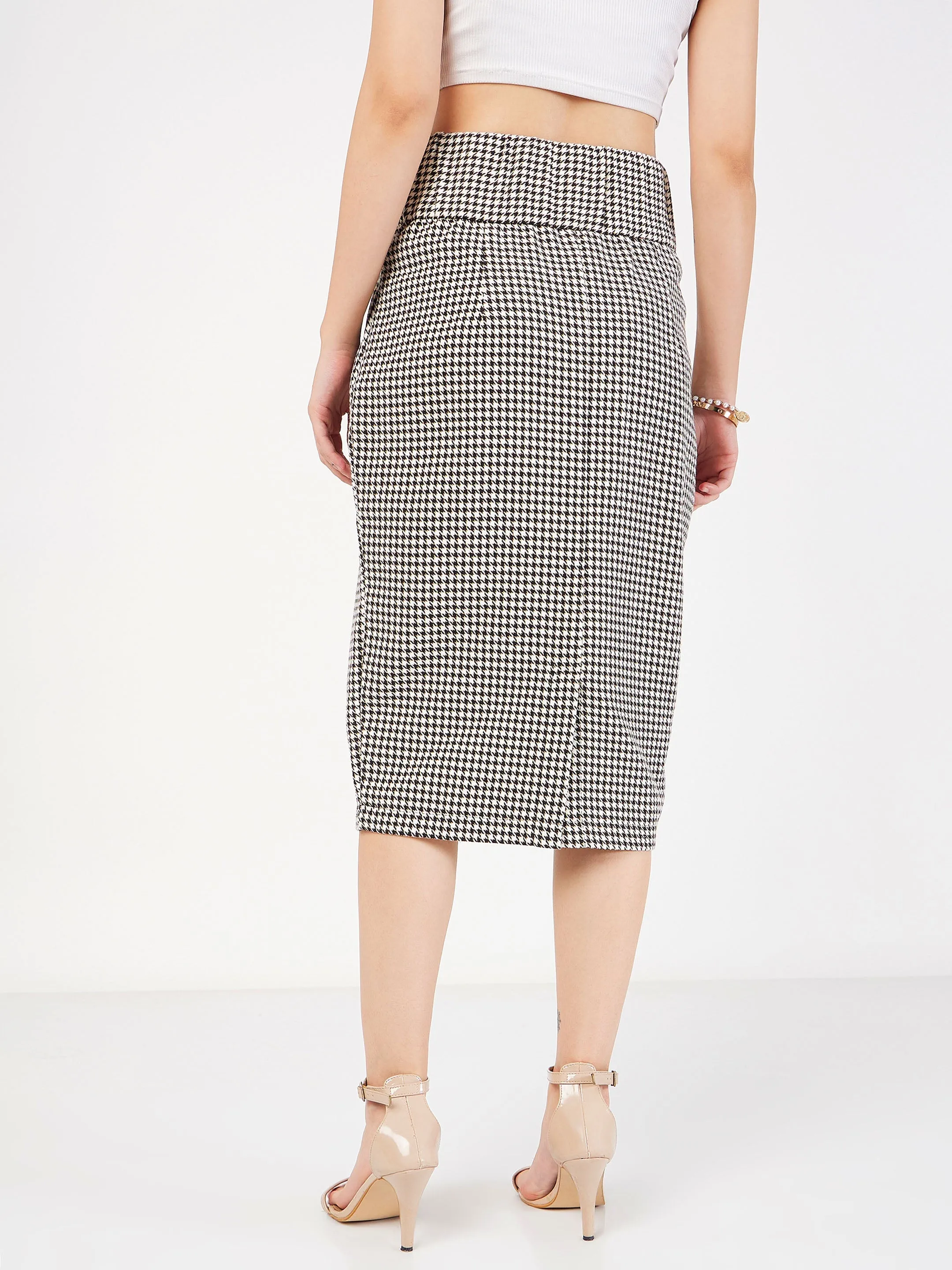 Women Black Houndstooth Jacquard Tweed Pencil Skirt