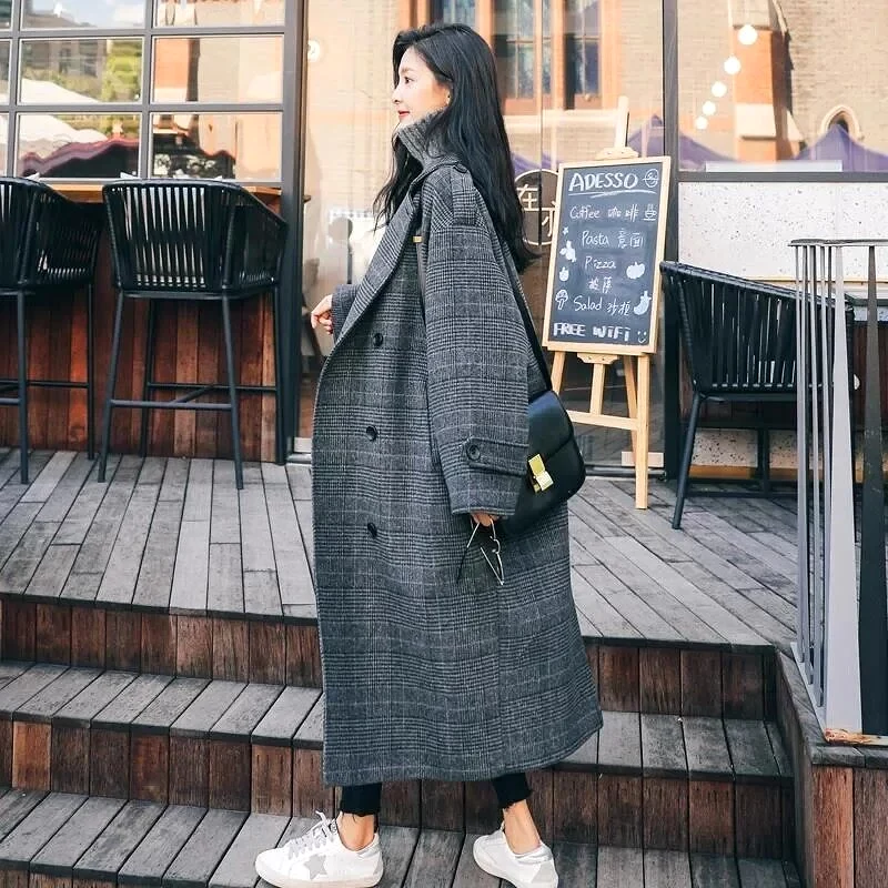 Women Coat Plaid Tweed Wool Warm Long Jackets Female Overcoat