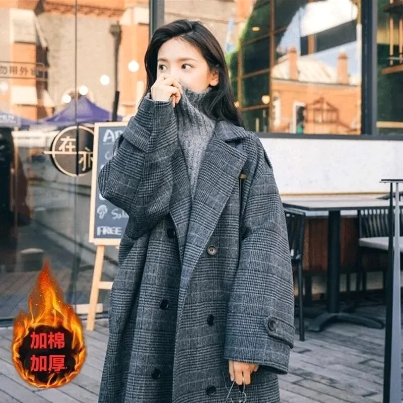 Women Coat Plaid Tweed Wool Warm Long Jackets Female Overcoat