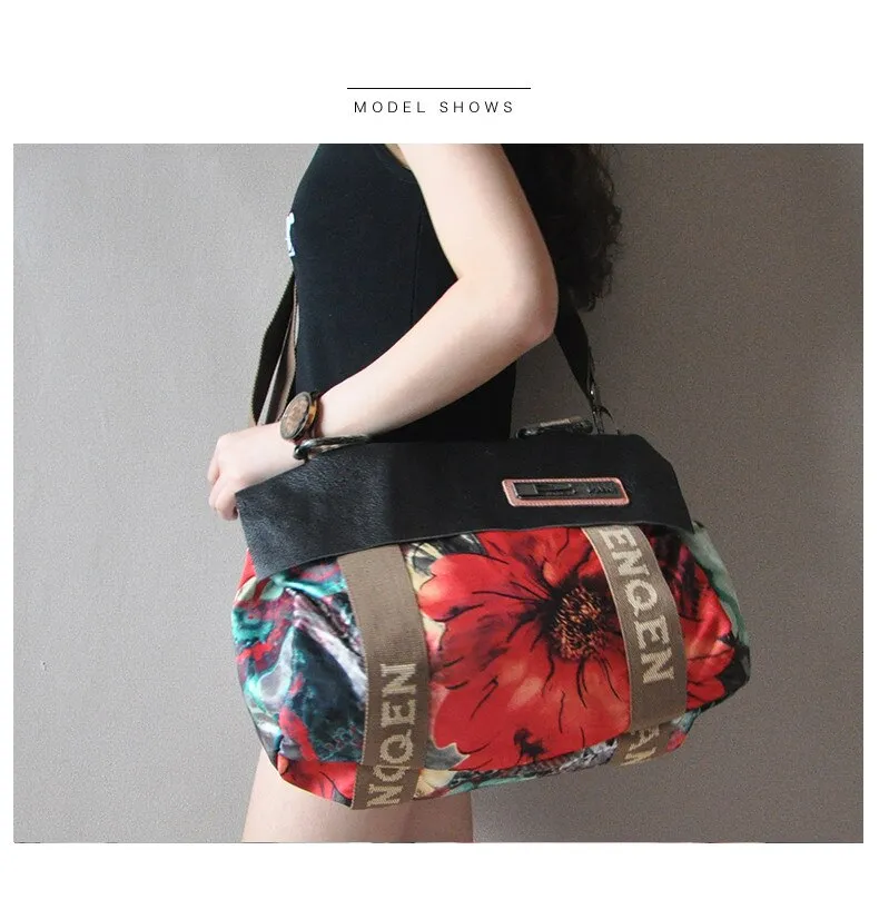 Women Genuine Leather Printing Flowers Large Capacity Shoulder Messenger Bag Travel Handbags