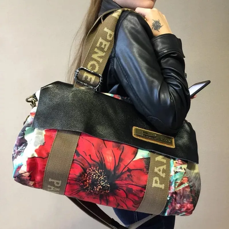 Women Genuine Leather Printing Flowers Large Capacity Shoulder Messenger Bag Travel Handbags